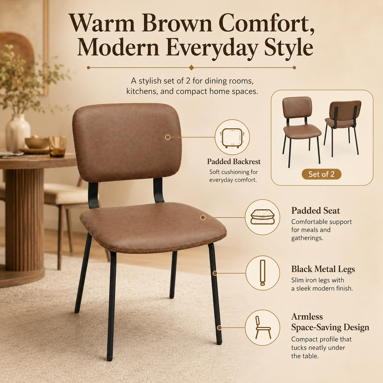 Brown Dining Chairs Set of 2, Faux Leather Upholstered Kitchen & Dining Room Chairs with Back, Modern Armless Side Chairs with Black Metal Legs for Dining Room, Kitchen, Vanity, Guest Room