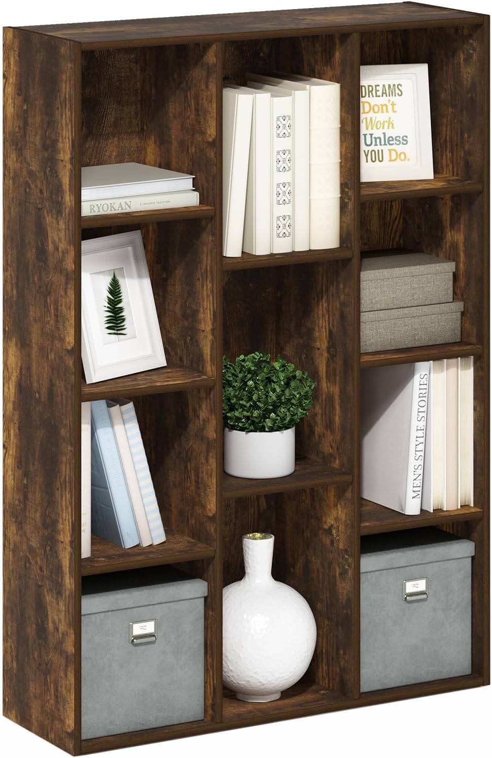 Furinno LUDER Book Shelf, 5-Cube Bookshelf, Reversible Bookcase, 9.4 x 19.5 x 31.5, Easy Assembly, for Living Room, Bedroom, Home Office, White — Amber Pine / 11-Cube