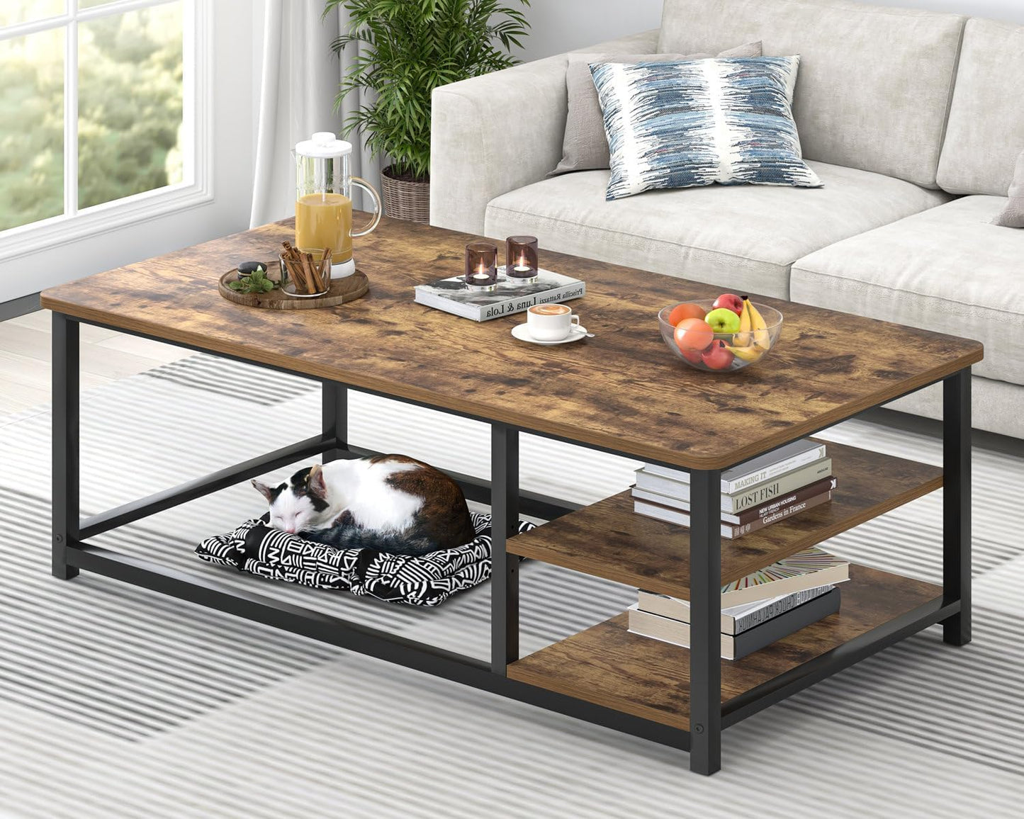 EXCEFUR Modern Coffee Table, Rustic Wood and Metal Living Room Table with Storage Shelf, Industrial Brown, 47 Inch — Rustic Brown