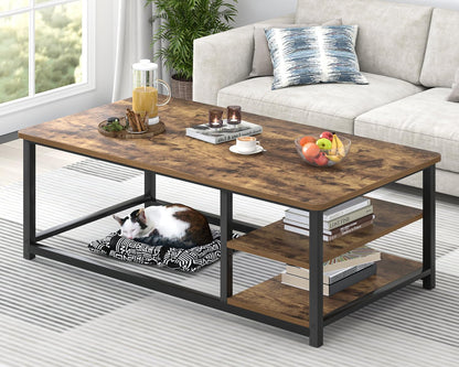 EXCEFUR Modern Coffee Table, Rustic Wood and Metal Living Room Table with Storage Shelf, Industrial Brown, 47 Inch — Rustic Brown