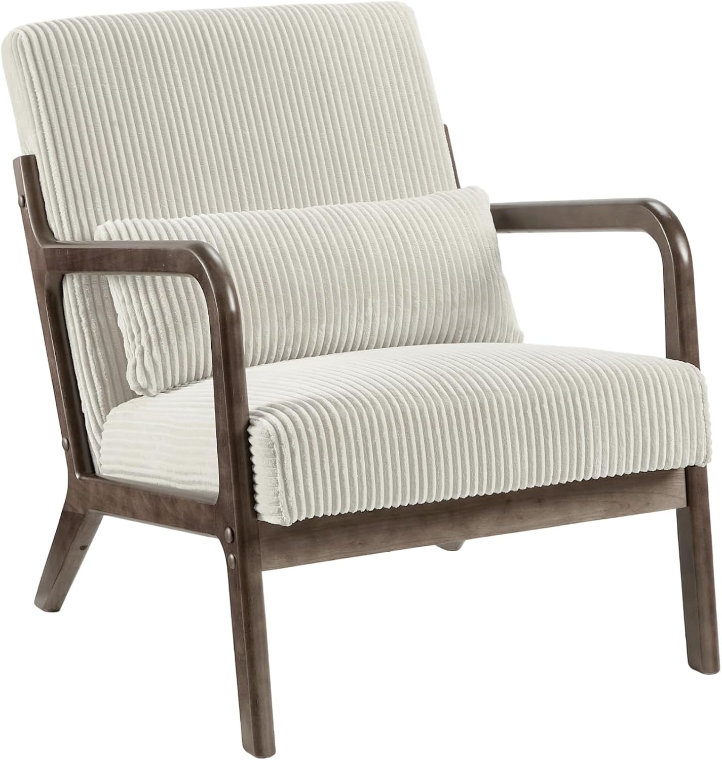 Garvee Mid-Century Chenille Accent Chair, Cozy Reading Chair, Modern Lounge Armchair with Lumbar Pillow, Solid Wood Frame, for Living Room, Bedroom, Office, Beige — Beige-wide Wale Corduroy / 1 Pack