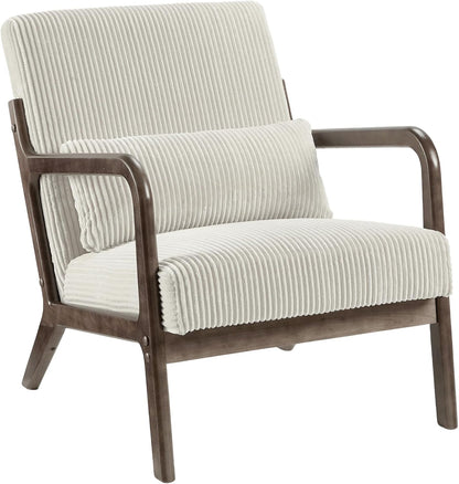 Garvee Mid-Century Chenille Accent Chair, Cozy Reading Chair, Modern Lounge Armchair with Lumbar Pillow, Solid Wood Frame, for Living Room, Bedroom, Office, Beige — Beige-wide Wale Corduroy / 1 Pack