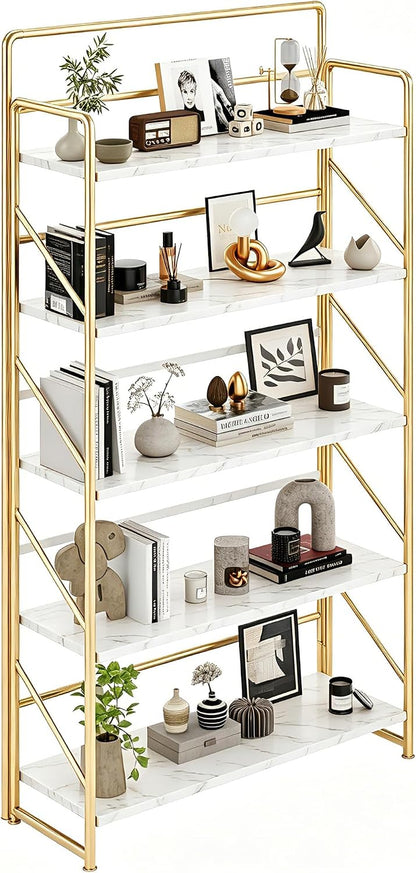 JSB No Assembly Folding Bookshelf, 4 Tier Industrial Metal Book Shelf for Storage, Vintage Wood Foldable Bookcase for Living Room, Bedroom, Office Organization Shelves