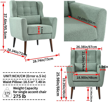 Accent Chair, Comfy Upholstered Living Room Chairs with High Tufted Backrest and Pillow, Wingback Reading Chair with Solid Wood Legs for Bedroom/Office,Teddy Fabric, Light Green — Set of 1 / Light Green(a) (2)