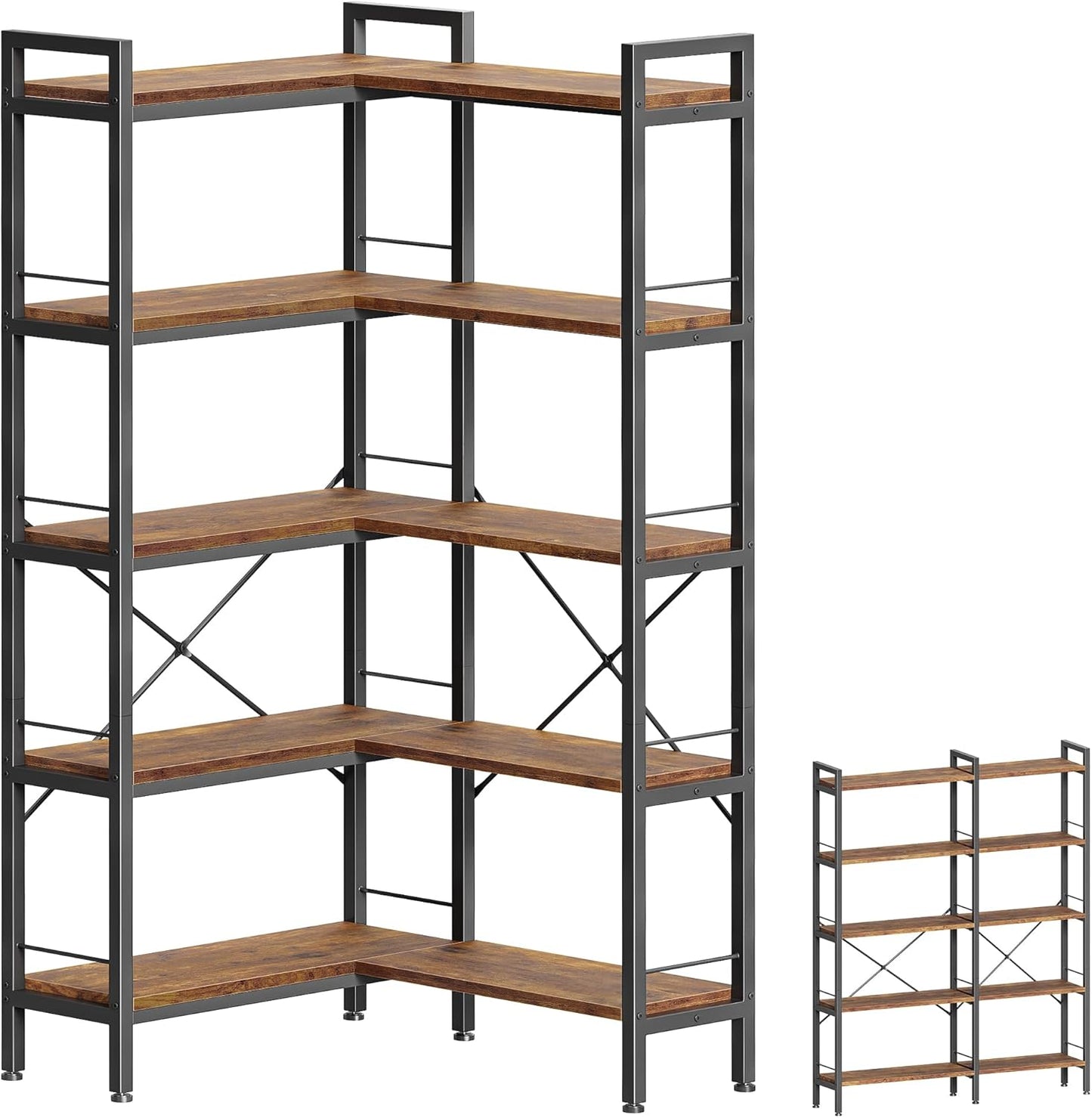 Huuger 5 Tier Bookshelf, L Shaped Corner Bookshelf with 10 Open Shelves, 49.4 Inch Straight Wide Bookcase with Metal Frame and Wooden Board, Adjustable Feet, Rustic Brown — 5 Tier / Rustic Brown