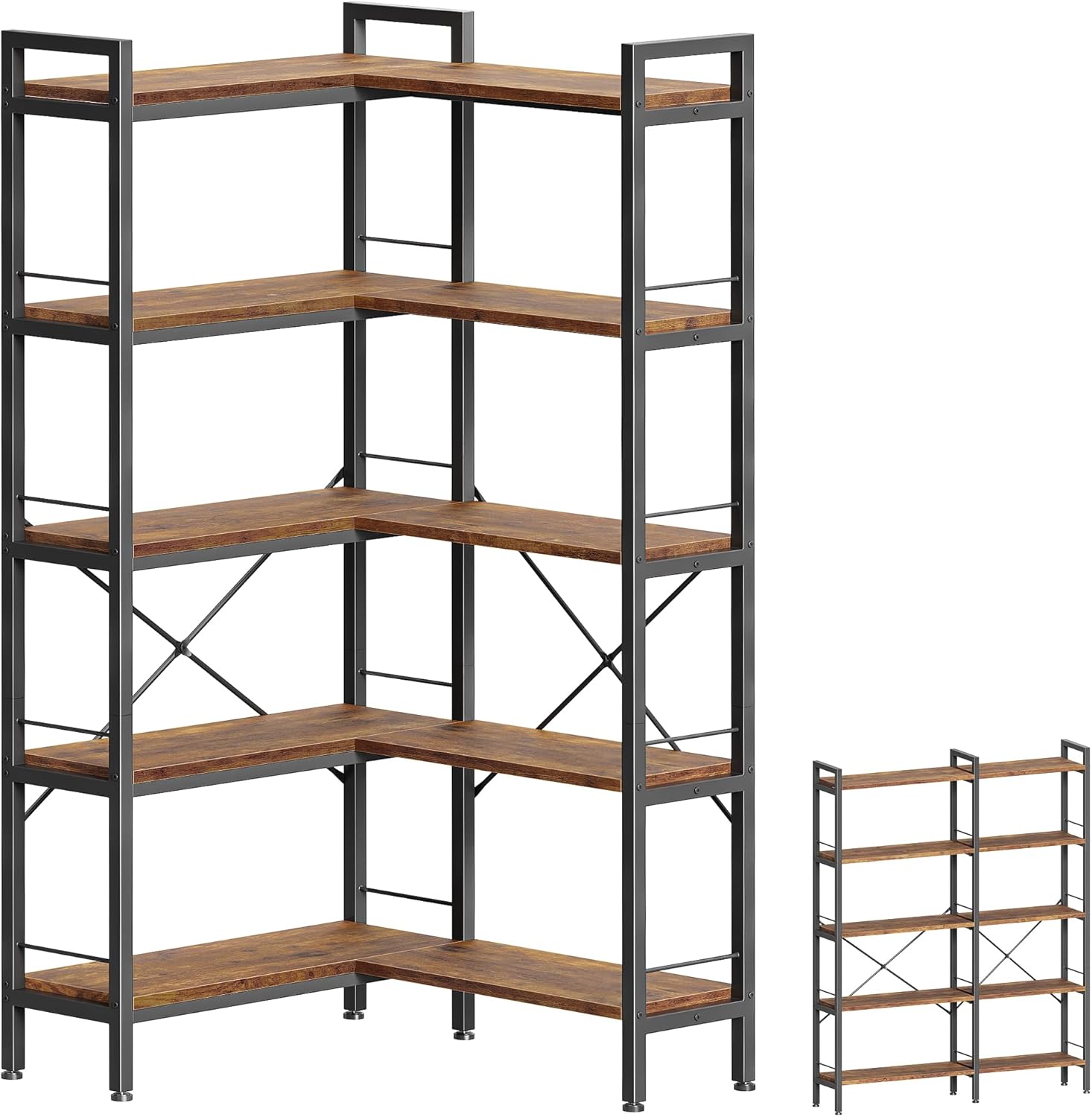 Huuger 5 Tier Bookshelf, L Shaped Corner Bookshelf with 10 Open Shelves, 49.4 Inch Straight Wide Bookcase with Metal Frame and Wooden Board, Adjustable Feet, Rustic Brown — 5 Tier / Rustic Brown