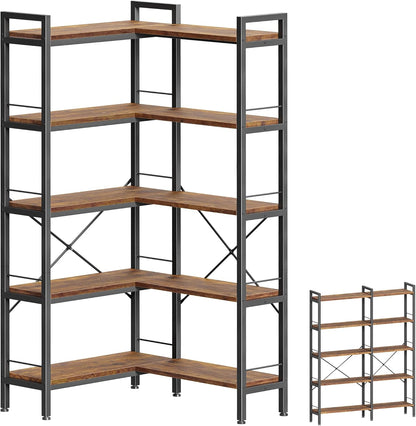 Huuger 5 Tier Bookshelf, L Shaped Corner Bookshelf with 10 Open Shelves, 49.4 Inch Straight Wide Bookcase with Metal Frame and Wooden Board, Adjustable Feet, Rustic Brown — 5 Tier / Rustic Brown