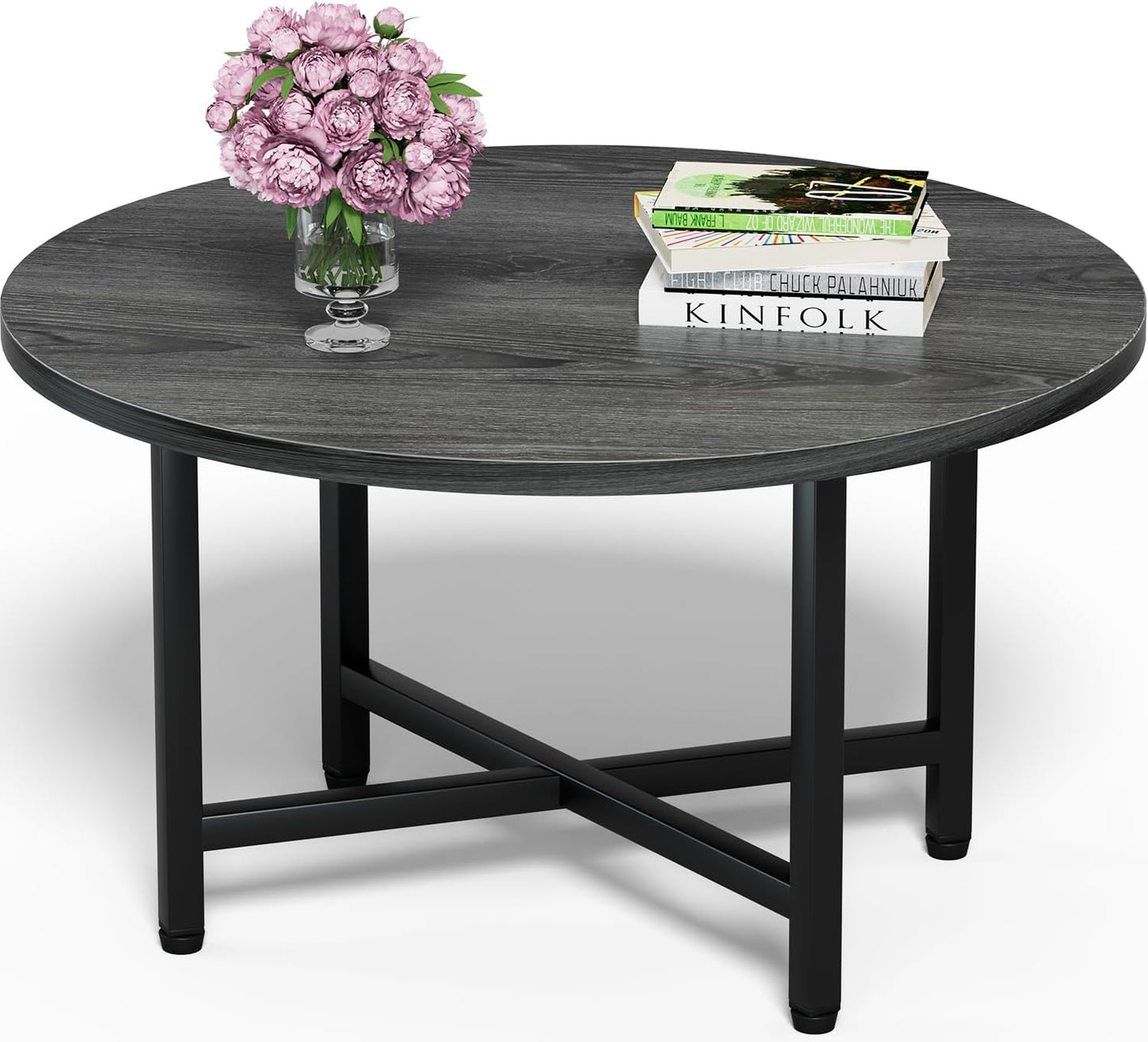 FAMIDGE Coffee Table, 23.6" Coffee Tables for Living Room, Round Coffee Table with Metal Frame, Floor Table for Sitting on The Floor, Home, Office, Black — Grey / 1 Tier