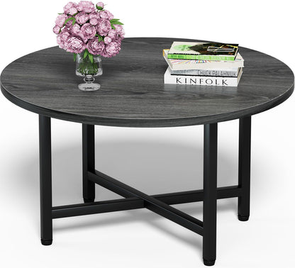 FAMIDGE Coffee Table, 23.6" Coffee Tables for Living Room, Round Coffee Table with Metal Frame, Floor Table for Sitting on The Floor, Home, Office, Black — Grey / 1 Tier