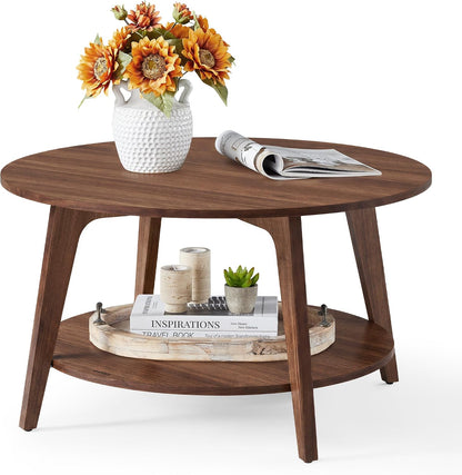 VASAGLE MAEZO Collection - Round Coffee Table, 2-Tier Center Table with Storage, Tapered Legs, Curved Transitions, 31.5 Dia. x 17.7 H Inches, Easy Assembly, for Living Room, Honey Brown ULCT243K41 — Chestnut Walnut