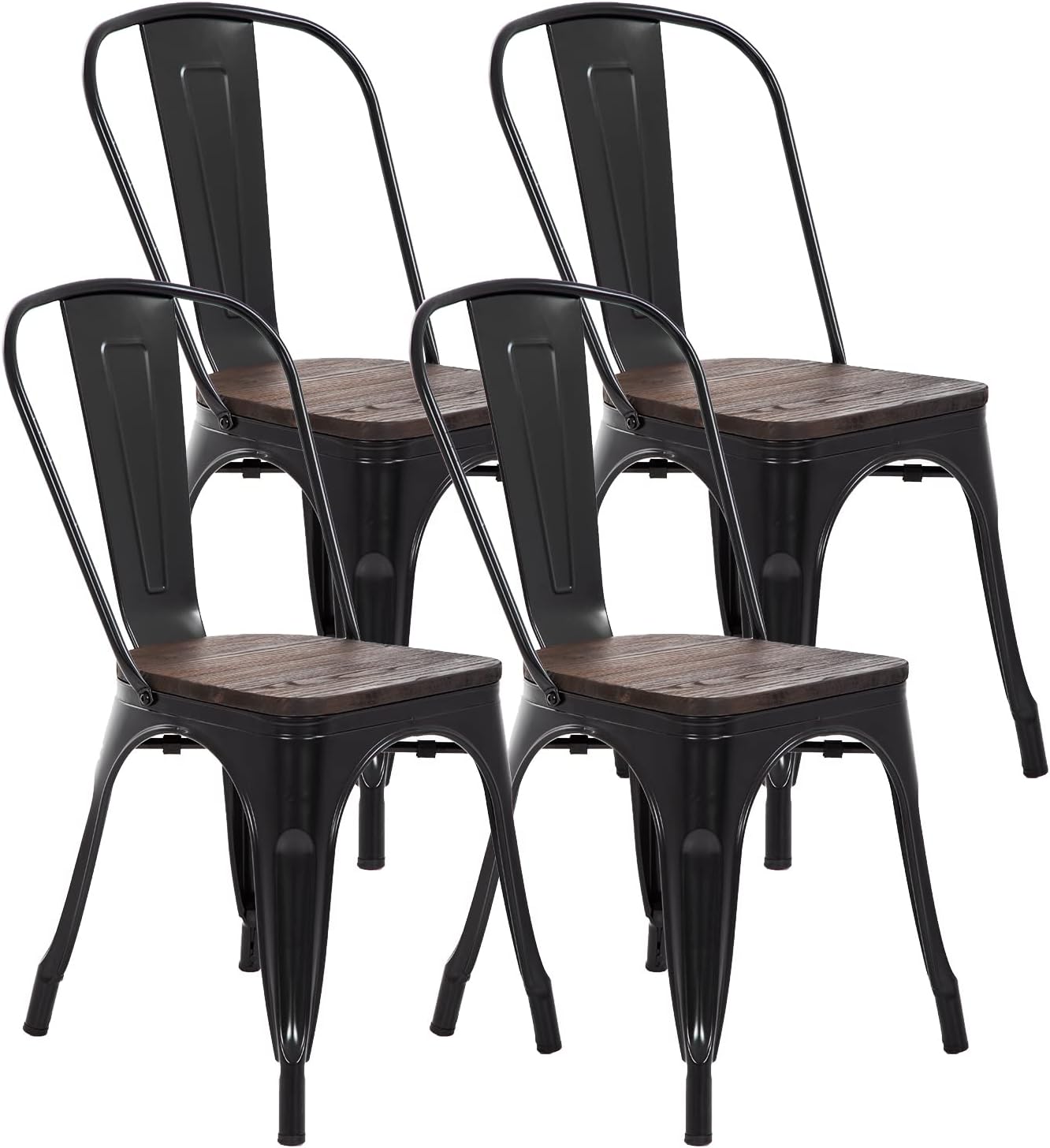 FDW | Metal Dining Chairs | Set of 4 | Black | Stackable Tolix Side Chairs with Backrest | Scratch-Resistant | Non-Slip Feet | Indoor/Outdoor Use | 330 lbs Capacity | for Kitchen & Restaurant — Black / Wood Padding