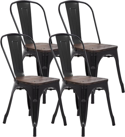 FDW | Metal Dining Chairs | Set of 4 | Black | Stackable Tolix Side Chairs with Backrest | Scratch-Resistant | Non-Slip Feet | Indoor/Outdoor Use | 330 lbs Capacity | for Kitchen & Restaurant — Black / Wood Padding