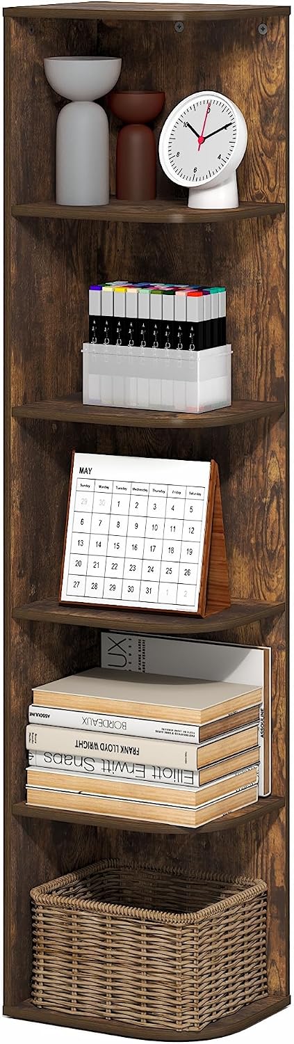 Furinno LUDER Book Shelf, 5-Cube Bookshelf, Reversible Bookcase, 9.4 x 19.5 x 31.5, Easy Assembly, for Living Room, Bedroom, Home Office, White — Amber Pine / 5-Tier Corner