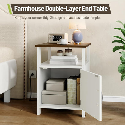 3 Pieces Farmhouse Coffee Table and End Table Sets with AC | 2 Side Tables with USB Ports for Living Room, Office, Apartment, White and Walnut