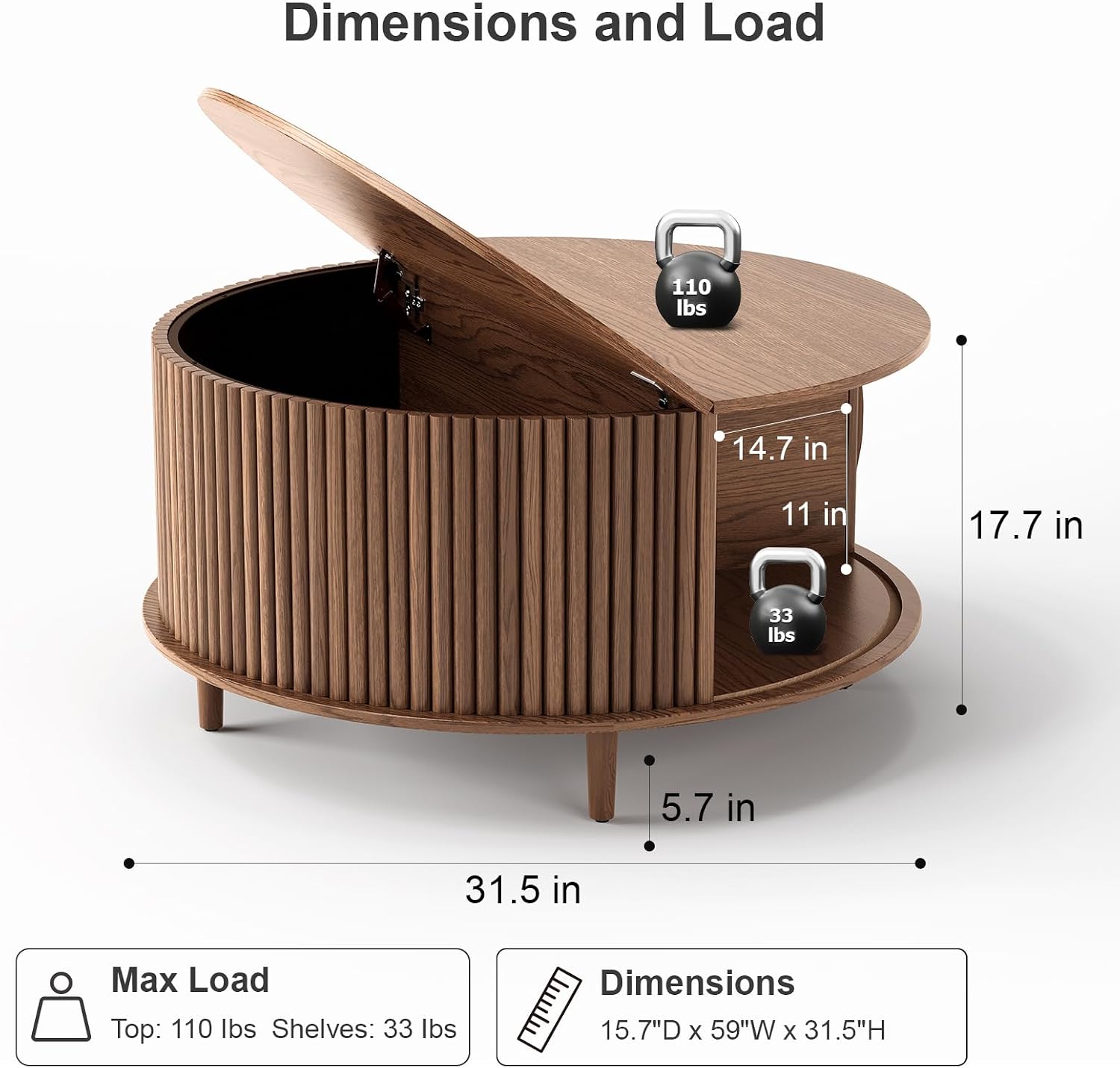 JOINICE 31.5" Round Coffee Table with Storage for Living Room, Walnut | Hidden Storage,Fluted Sliding Door,Mid Century Furniture for Small Apartments,Solid Wood Legs,Easy Assembly,Up to 110 lbs — Walnut_round (2)