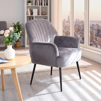 Velvet Accent Chair, Channel Tufted Shell Back Armchair, Ergonomic Upholstered Reading Chair with Wood Legs, Modern Single Sofa Chair for Living Room, Bedroom, Vanity (Gray) — Grey (4)