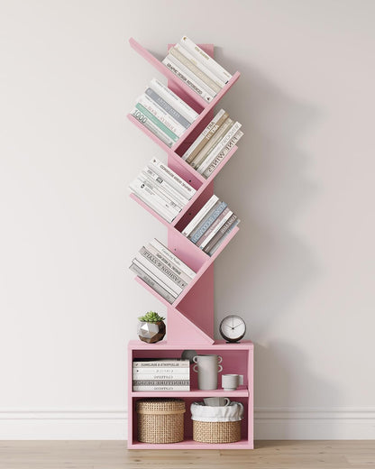 SUNMORY 6 Tier Tree Bookshelf, Small Bookcase with Storage Cabinet, Modern Tall Narrow Bookshelves Organizer, Floor Standing Book Shelf for Bedroom/Living Room/Home Office/Corner, Rustic Brown — Pink / 6 Tier-Standard