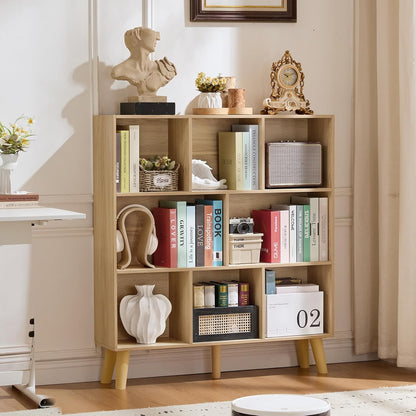 LEYAOYAO Cube Bookshelf 3 Tier Mid-Century Rustic Brown Modern Bookcase with Legs,Retro Wood Bookshelves Storage Organizer Shelf,Freestanding Open Book Shelves for Bedroom,Living Room,Office — Light Wood / 8 Cube with Legs