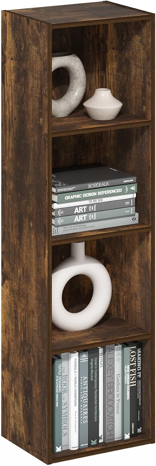 Furinno LUDER Book Shelf, 5-Cube Bookshelf, Reversible Bookcase, 9.4 x 19.5 x 31.5, Easy Assembly, for Living Room, Bedroom, Home Office, White — Amber Pine / 4-Tier Cube