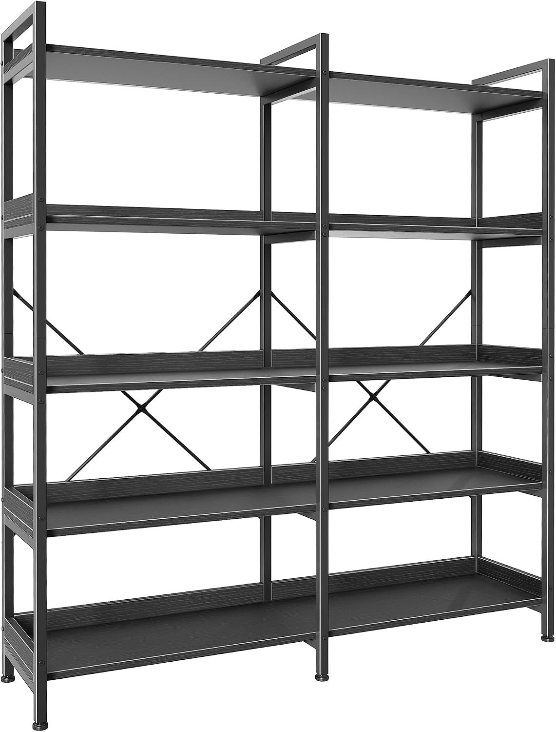 Huuger 5 Tier Bookshelf, Display Bookshelf with 10 Open Shelves and Raised Baffle, 47.2 Inch Straight Wide Bookcase with Metal Frame and Wooden Board, Adjustable Feet, Rustic Brown — 5 Tier / Black