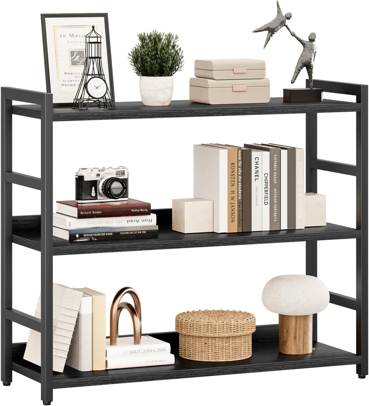 NUMENN Bookshelf, 5 Tier Bookshelves, Home Office Bookcase Shelf Storage Organizer, Free Standing Storage Shelving Unit for Bedroom, Living Room and Home Office, Vintage — 3 Tier(Extra Wide) / Black