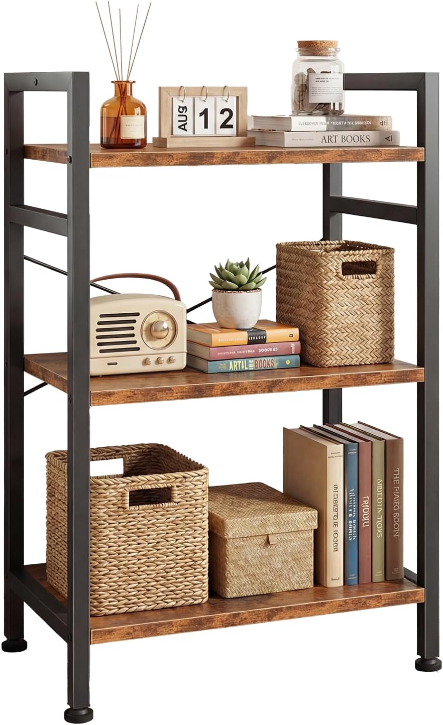 DUMOS 5-Tier Bookshelf, Modern Tall Bookcase Book Shelf | Open Storage Display Shelf for Living Room, Bedroom, Home Office, Narrow Standing Shelving Unit for Books, CDs, Décor Black — Brown / 3 Tier