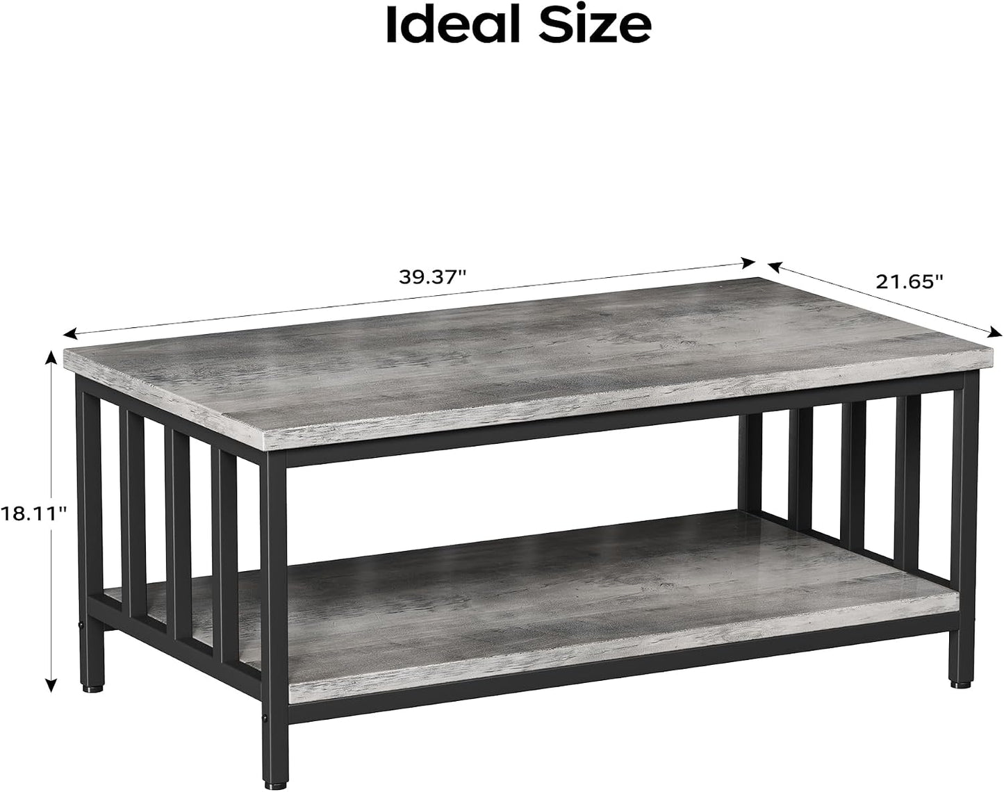 Homeiju Coffee Table for Living Room with Slatted Sides Frame, Modern Farmhouse Living Room Table with 2-Tier Storage Shelf for Home Office, Apartment, Grey Wash, 39 inch — 39.4L*21.6W*18.1H / Grey Wash (3)