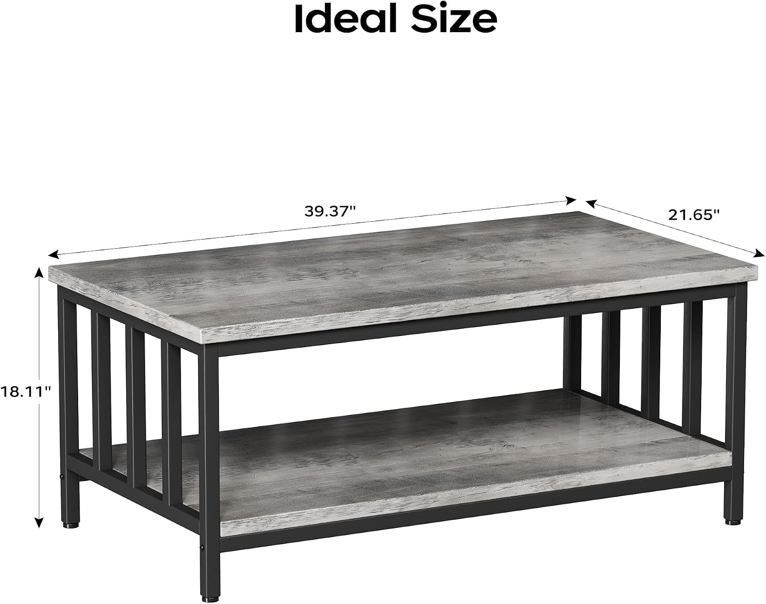 Homeiju Coffee Table for Living Room with Slatted Sides Frame, Modern Farmhouse Living Room Table with 2-Tier Storage Shelf for Home Office, Apartment, Grey Wash, 39 inch — 39.4L*21.6W*18.1H / Grey Wash (3)