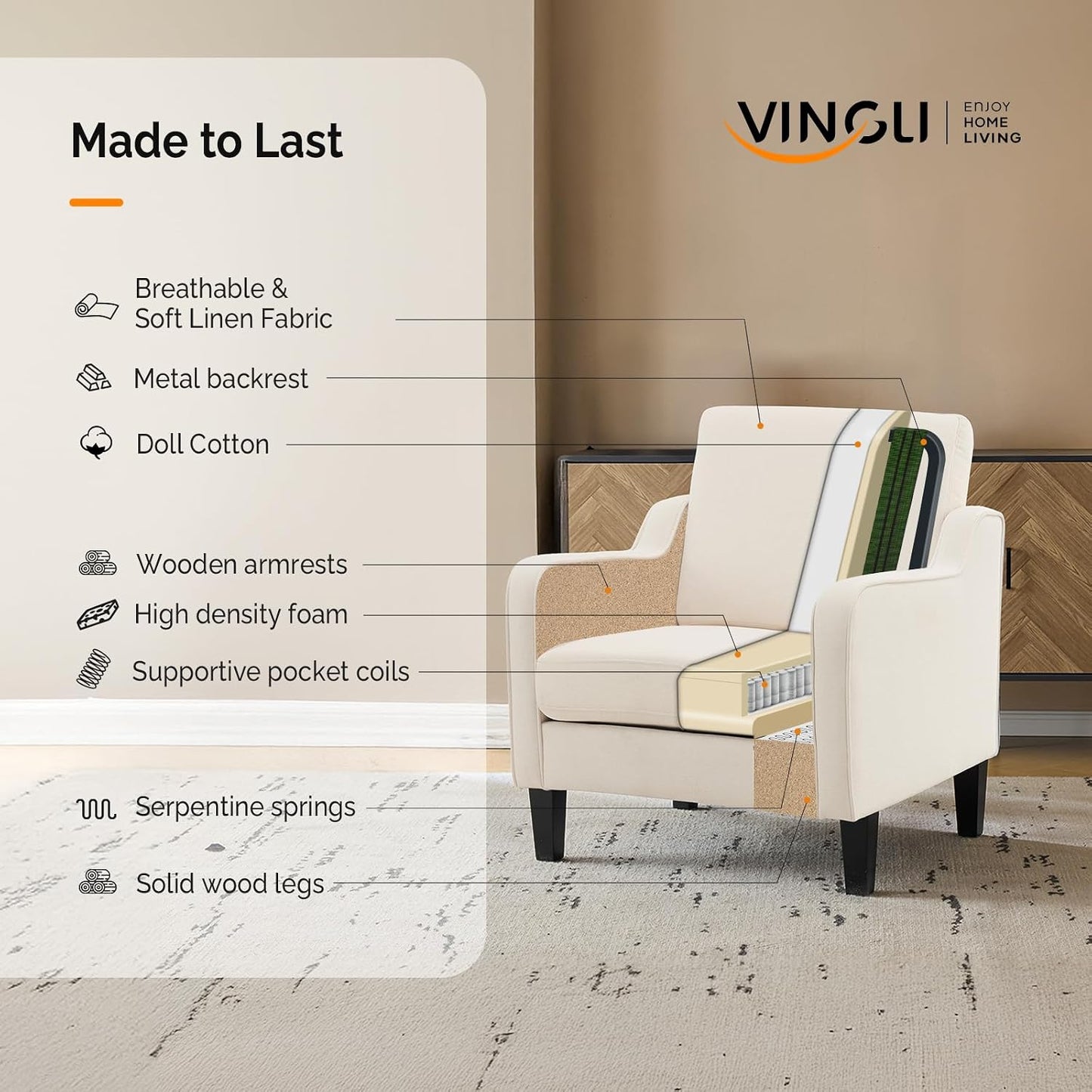 VINGLI Modern Accent Chairs Set of 2, Beige Living Room Chairs Comfy Armchair for Bedroom, Upholstered Sofa Chair Reading Chair for Small Spaces, Apartment, Waiting Room — 2 / Beige Linen (9)