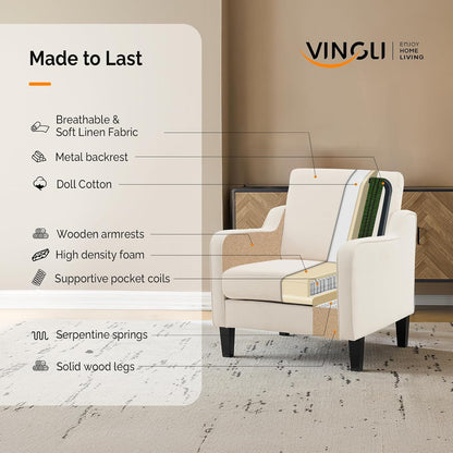 VINGLI Modern Accent Chairs Set of 2, Beige Living Room Chairs Comfy Armchair for Bedroom, Upholstered Sofa Chair Reading Chair for Small Spaces, Apartment, Waiting Room — 2 / Beige Linen (9)