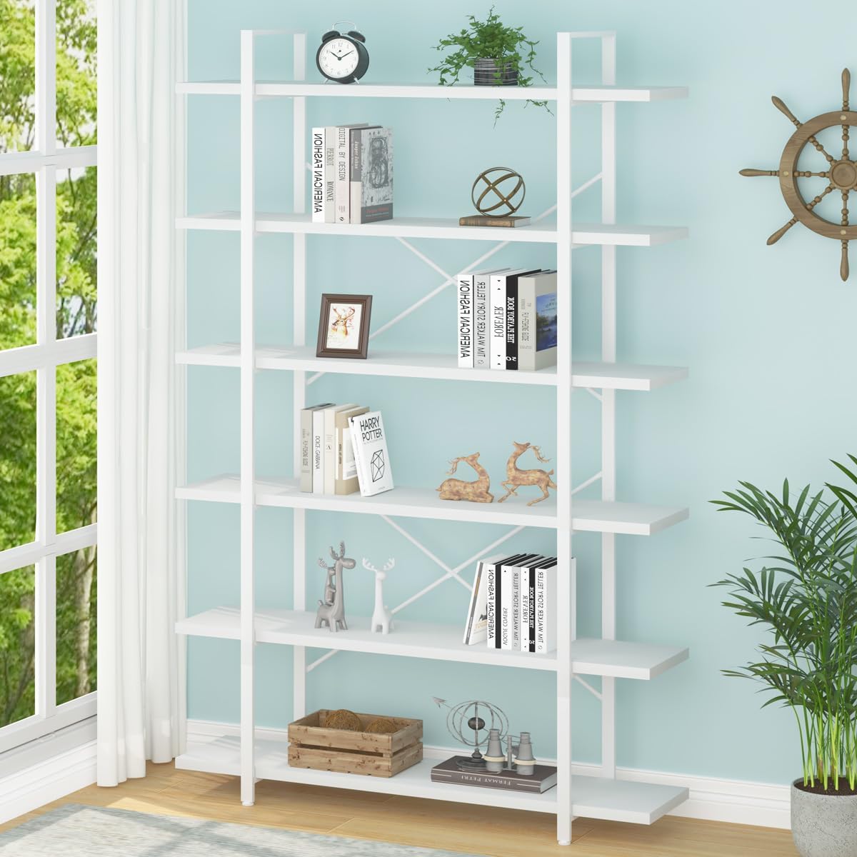 HSH White Bookshelf, 6 Tier Tall Bookcases for Bedroom Living Room Office | Industrial Modern Vertical Metal and Wood Bookcases, Farmhouse 6 Shelf Open Large Storage Book Shelves Display Book Shelf — 6-Tier / White Oak (9)