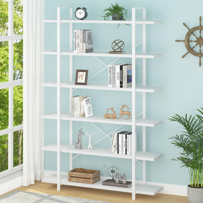 HSH White Bookshelf, 6 Tier Tall Bookcases for Bedroom Living Room Office | Industrial Modern Vertical Metal and Wood Bookcases, Farmhouse 6 Shelf Open Large Storage Book Shelves Display Book Shelf — 6-Tier / White Oak (9)
