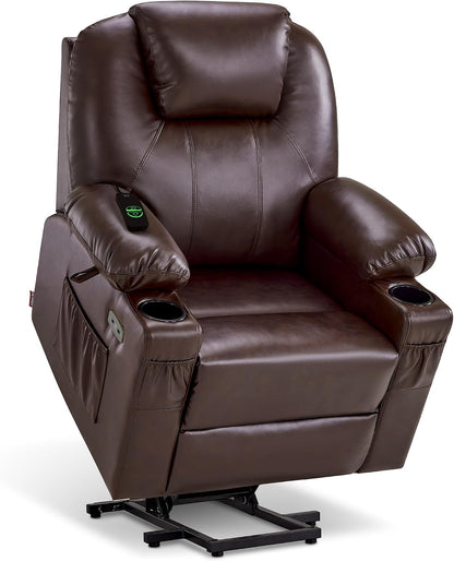 MCombo Electric Power Lift Recliner Chair Sofa with Massage and Heat for Elderly, 3 Positions, 2 Side Pockets, and Cup Holders, USB Ports, Faux Leather 7040 (Grey, Medium) — Large / Dark Brown