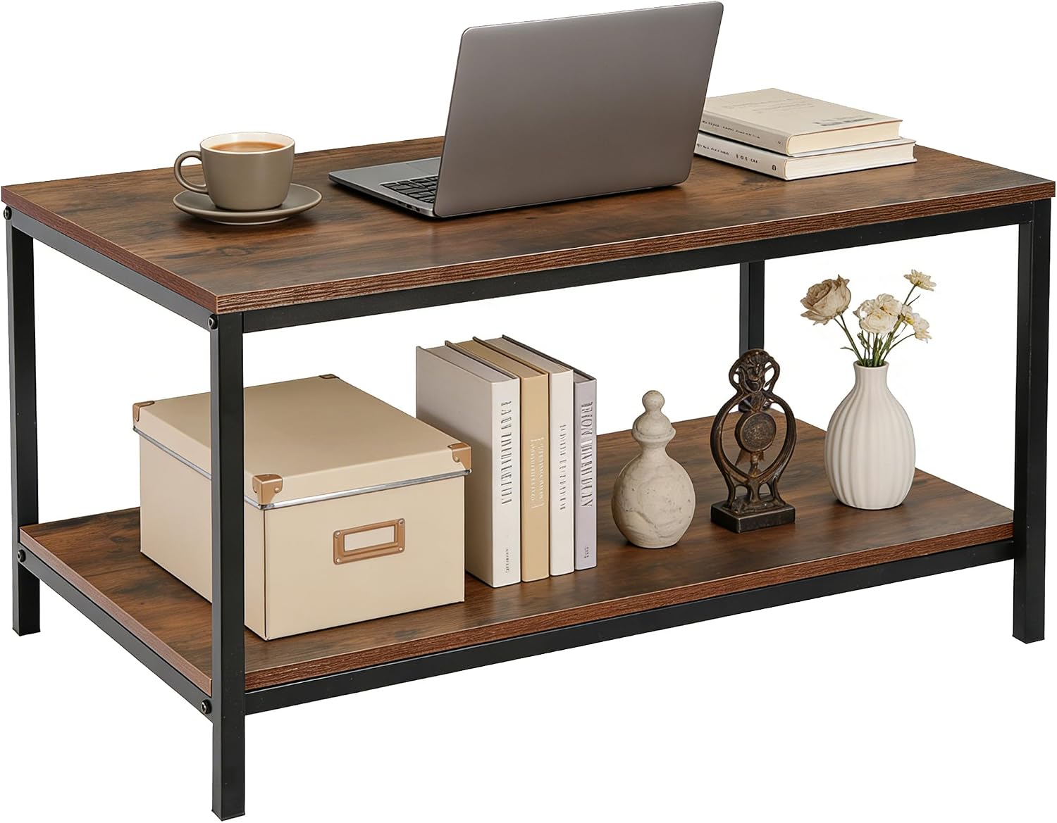 SUPER DEAL 2-Tier Industrial Coffee Table with Storage Shelf for Small Apartment Living Room, Rectangle Wood and Stable Metal TV Stand Side End Table, Rustic Brown — Rustic Brown / 31.5in (7)
