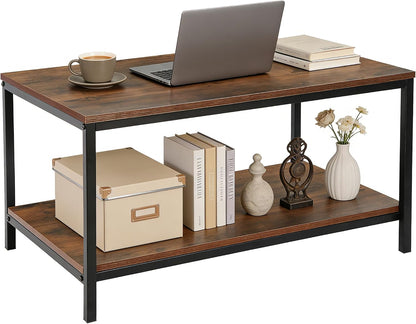 SUPER DEAL 2-Tier Industrial Coffee Table with Storage Shelf for Small Apartment Living Room, Rectangle Wood and Stable Metal TV Stand Side End Table, Rustic Brown — Rustic Brown / 31.5in (7)