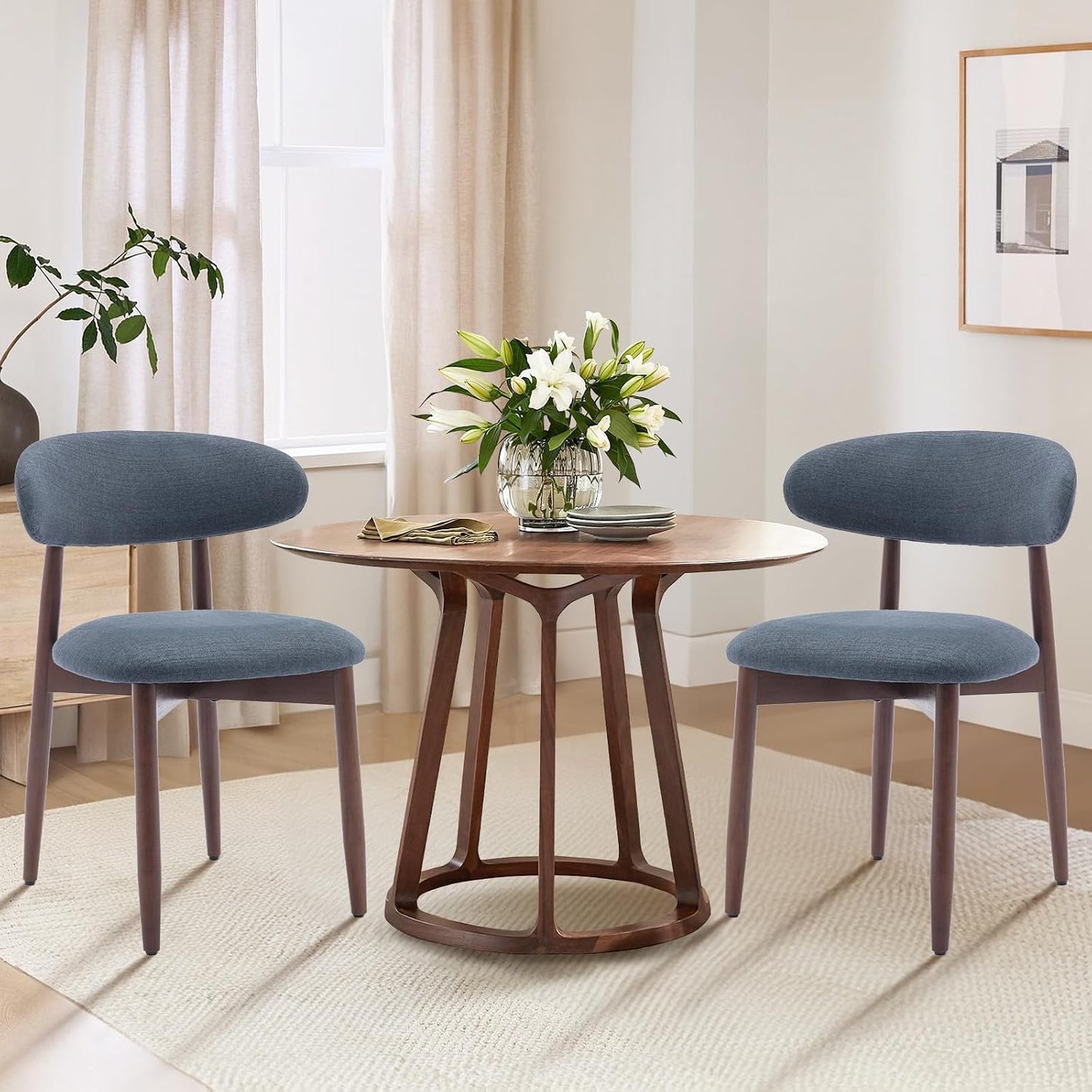 COLAMY Wooden Dining Chairs Set of 4, Modern Fabric Upholstered Kitchen Side Chairs, Farmhouse Dining Room Chair with Foot Pegs, Beige — Blue / Set of 2