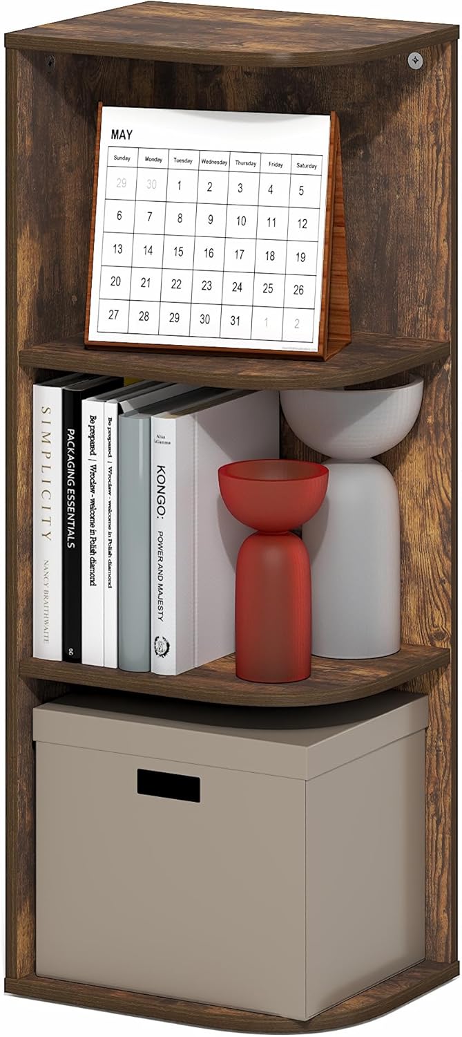 Furinno LUDER Book Shelf, 5-Cube Bookshelf, Reversible Bookcase, 9.4 x 19.5 x 31.5, Easy Assembly, for Living Room, Bedroom, Home Office, White — Amber Pine / 3-Tier Corner