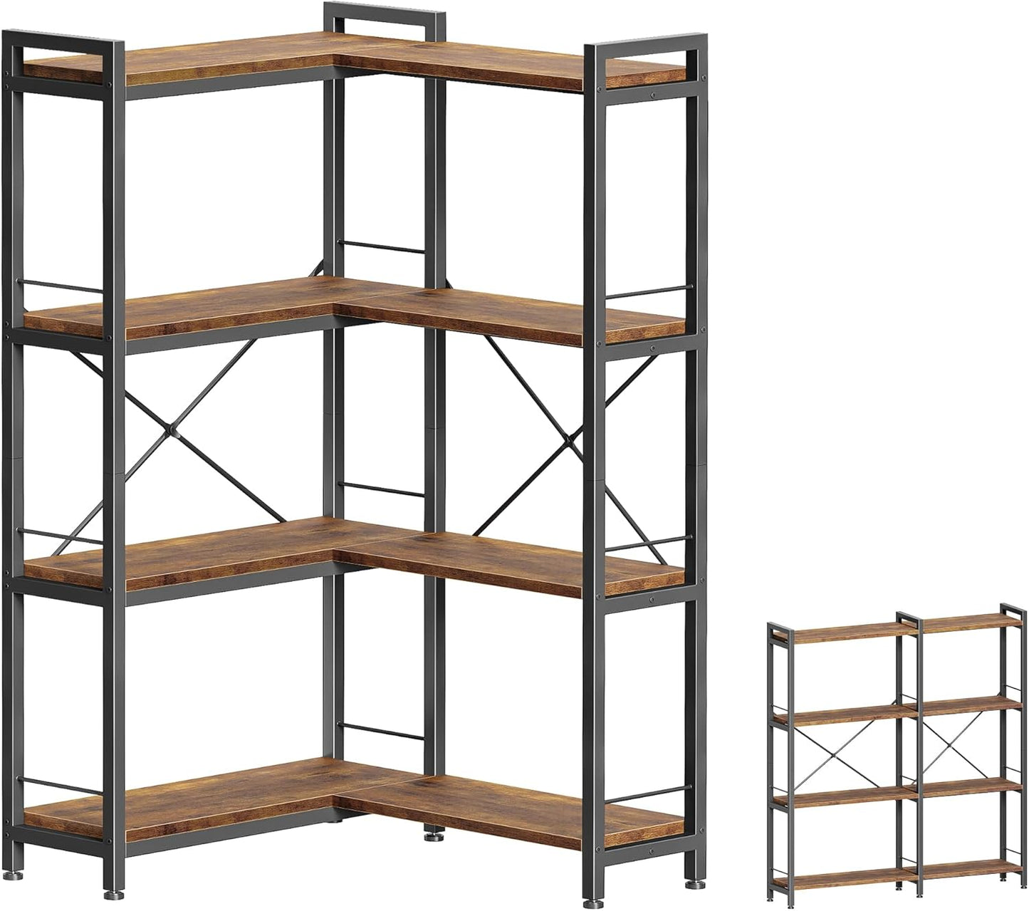 Huuger 5 Tier Bookshelf, L Shaped Corner Bookshelf with 10 Open Shelves, 49.4 Inch Straight Wide Bookcase with Metal Frame and Wooden Board, Adjustable Feet, Rustic Brown — 4 Tier / Rustic Brown