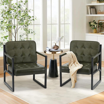 COLAMY Mid Century Modern Accent Chair Set of 2, Comfy Living Room Chair, Black Leather Accent Chair, Faux Leather Reception Armchair with Metal Legs for Living Room Bedroom Reception Office, Black