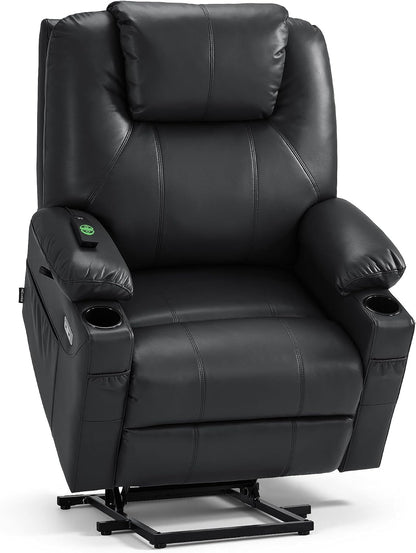 MCombo Electric Power Lift Recliner Chair Sofa with Massage and Heat for Elderly, 3 Positions, 2 Side Pockets, and Cup Holders, USB Ports, Faux Leather 7040 (Grey, Medium) — Small-Wide / Black