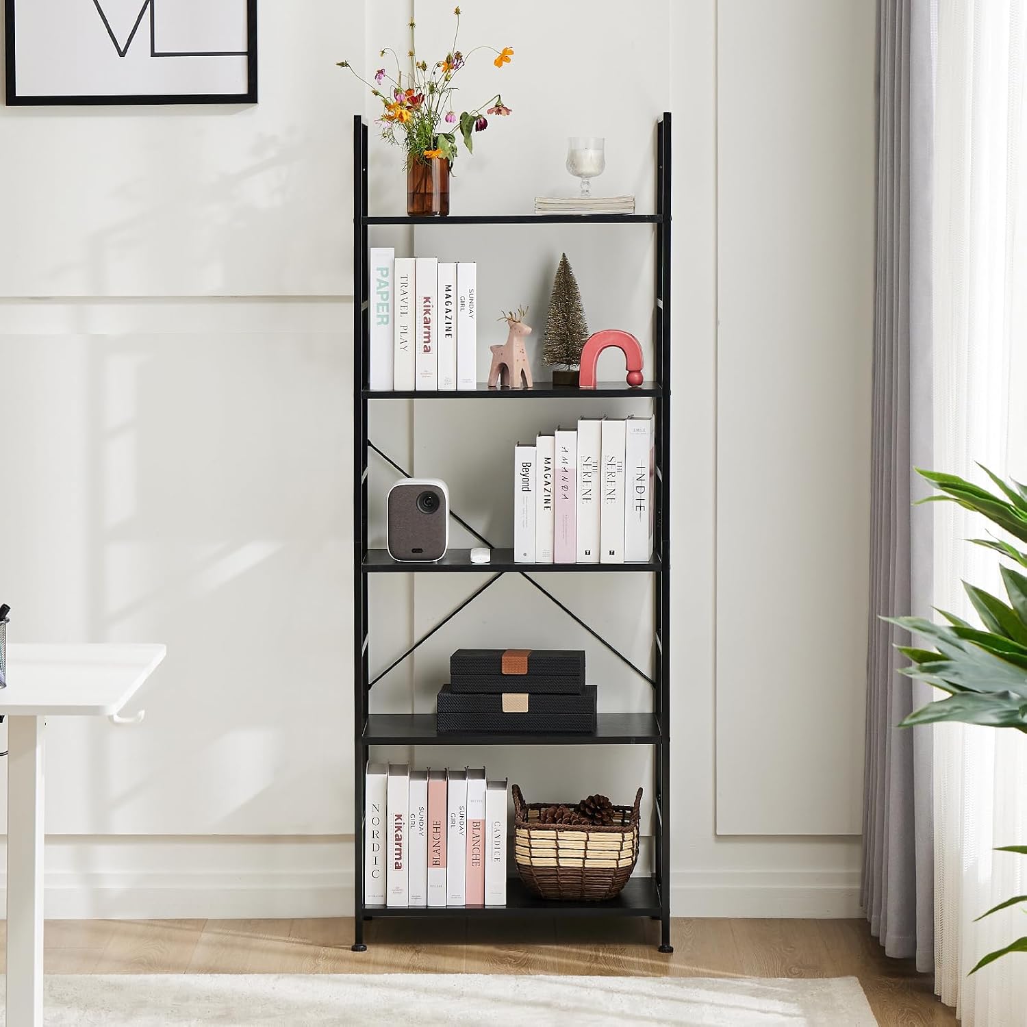 DUMOS 5 Tiers Open Bookshelf, Classic Freestanding Tall Display Shelf | Multifunctional Storage Organizer Rack for Living Room Home Office, Sturdy Bookcase for CDs/Books/Movies, Modern Black — Black / 5 Tier (2)