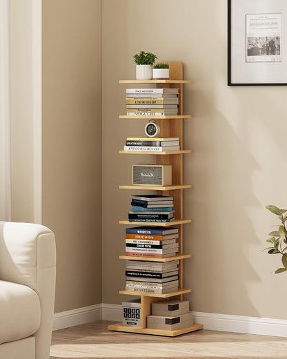 TUTOTAK Book Shelf, Narrow Spine Bookshelf, 8-Tier Bookcase for Small Space | 10.4 x 13.4 x 47.5 Inches Vertical Freestanding Corner Shelf for Living Room, Office, Study, Entryway, Brown BS06BB008 — 8 Tier / Natural