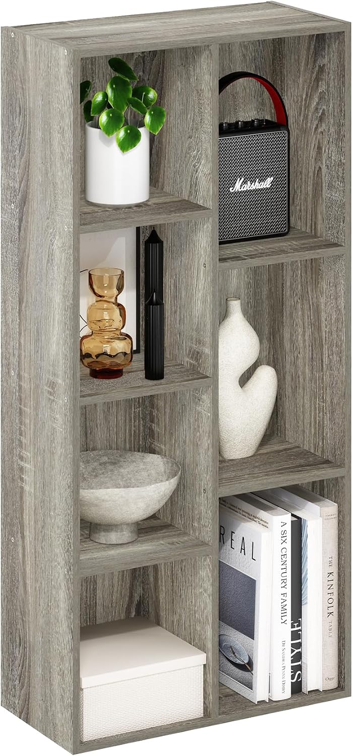 Furinno LUDER Book Shelf, 5-Cube Bookshelf, Reversible Bookcase, 9.4 x 19.5 x 31.5, Easy Assembly, for Living Room, Bedroom, Home Office, White — French Oak / 7-Cube