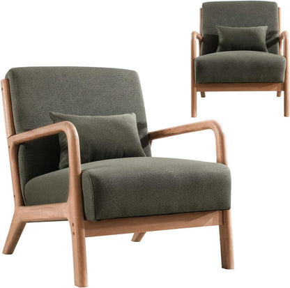 INZOY Mid Century Modern Accent Chair with Wood Frame, Upholstered Living Room Chairs with Waist Cushion, Reading Armchair for Bedroom Sunroom (Beige)