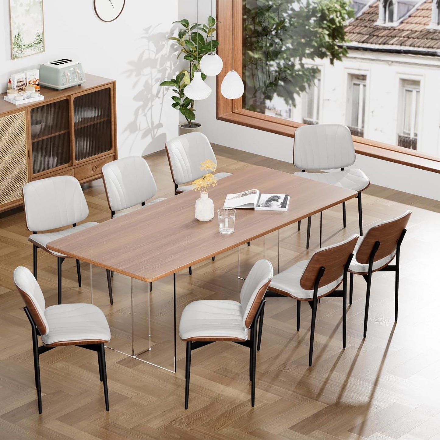 YaFiti Mid Century Dining Chairs Set of 4 with Walnut Bentwood, Greige | Ergonomic Walnut Backrest, Upholstered Waterproof PU Leather Seat, Stable Metal Legs, Adjustable Footpads, Apartment Friendly — White Scallop / 8