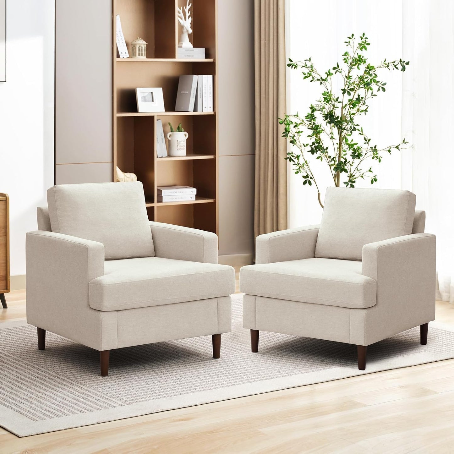 Weture Mid-Century Accent Chair,Modern Linen Fabric Armchair for Living Room,Comfy Upholstered Reading Accent Chairs for Bedroom,Single Sofa Chair with Wood Legs (Beige, 1 Pack) — Beige / 2 Pack