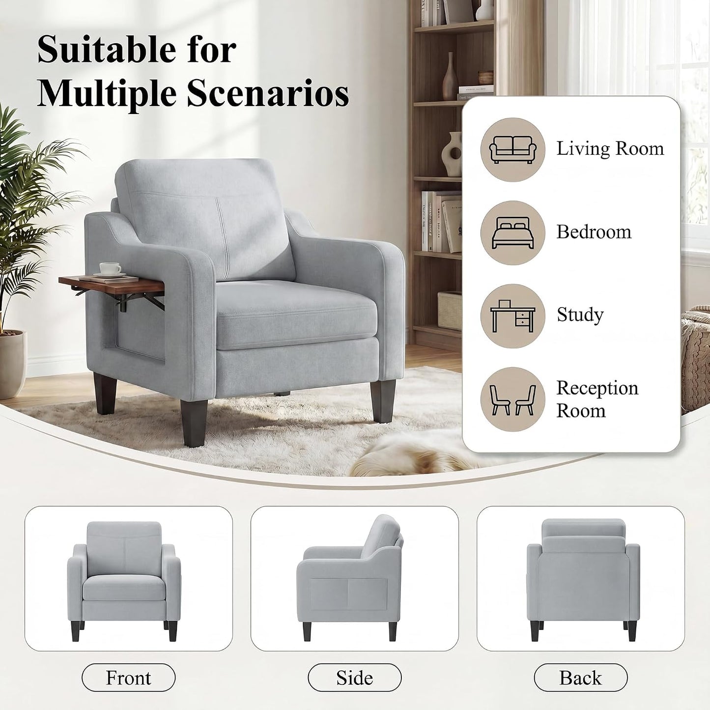 Accent Chair for Living Room, Mid-Century Upholstered Armchair with Foldable Table & 2 Side Pockets, Modern Linen Wooden Sofa Chair for Bedroom & Reading Room, Light Grey — Light Grey / 1 (4)