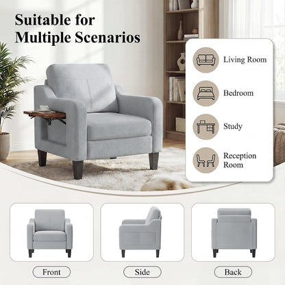 Accent Chair for Living Room, Mid-Century Upholstered Armchair with Foldable Table & 2 Side Pockets, Modern Linen Wooden Sofa Chair for Bedroom & Reading Room, Light Grey — Light Grey / 1 (4)