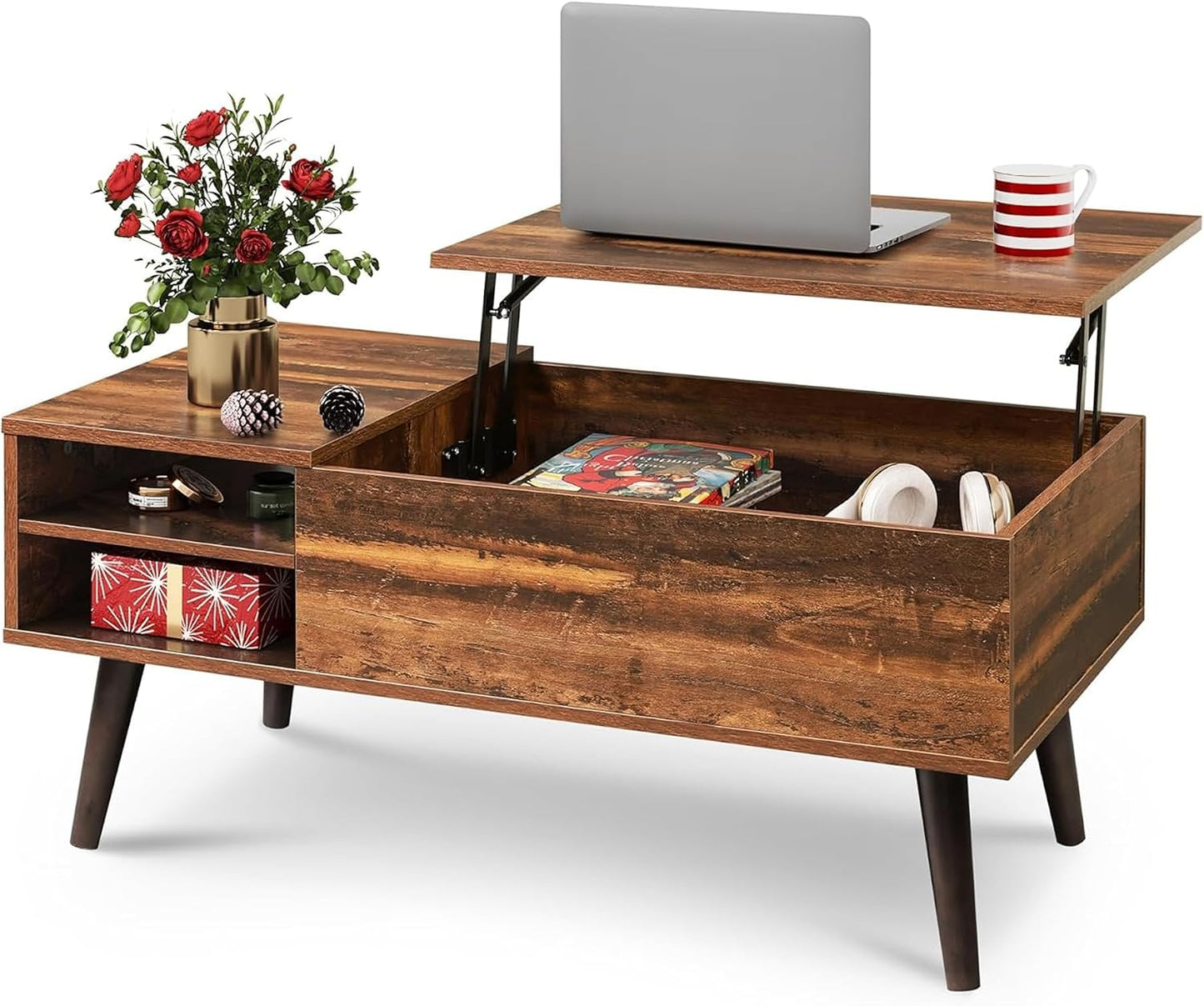 WLIVE Coffee Table with Lifting Top, Hidden Storage & Adjustable Shelf for Living Room Small Space, Multifunctional Rising Wooden Center Table, Mid Century Modern Tables for Home Dining Office, Brown — Rustic Brown / 39.4"W x 19.7"D x 16.9"H