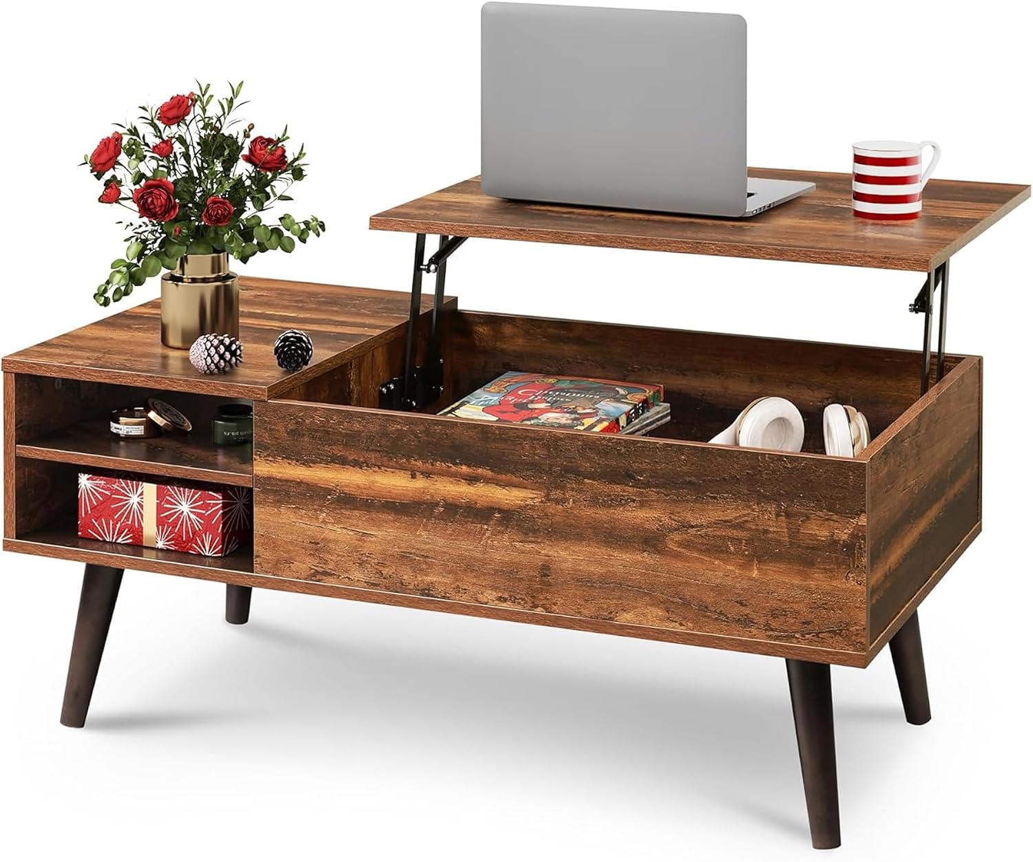WLIVE Coffee Table with Lifting Top, Hidden Storage & Adjustable Shelf for Living Room Small Space, Multifunctional Rising Wooden Center Table, Mid Century Modern Tables for Home Dining Office, Brown — Rustic Brown / 39.4"W x 19.7"D x 16.9"H